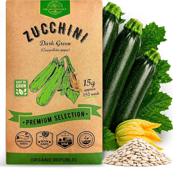 Organo Republic Dark Green Zucchini Seeds Pack 15 G - Over 150 Non-GMO Heirloom Zucchini Seeds for Planting Vegetable in Individual Seed Packet, Vegetable Seeds for Planting Indoor & Outdoor Gardening