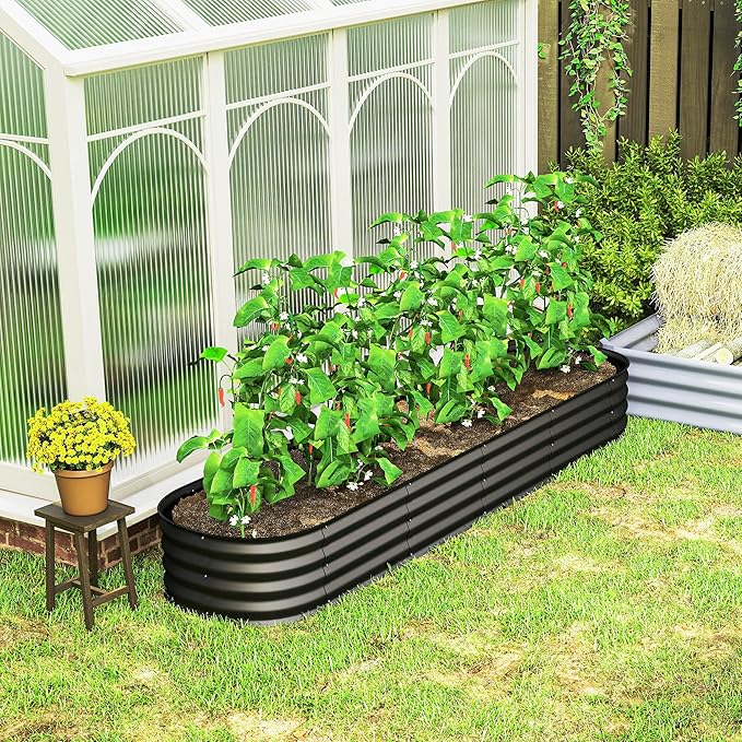 Outsunny 8' x 2' x 1' Galvanized Raised Garden Bed Kit, Outdoor Metal Elevated Planter Box with Safety Edging, Easy DIY Stock Tank for Growing Flowers, Herbs & Vegetables, Dark Gray
