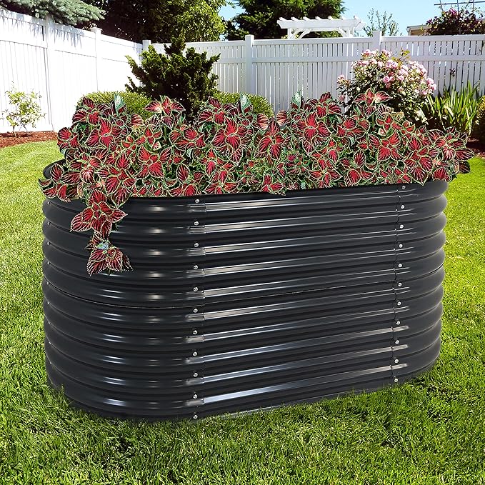 Sunnydaze 62.5-Inch Oval Raised Garden Bed Outdoor - Modular Raised Garden Bed with Rubber Edge Trim - Dark Gray