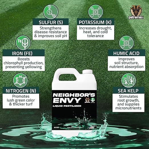 PetraMax Neighbor’s Envy Grass Fertilizer for Lawn & Garden, 64 Ounce Covers up to 8,000 sq.ft. 7-in-1 Liquid Lawn Fertilizer Concentrate for Deep Green Turf - Includes Nitrogen/Iron/Humic/Sea Kelp