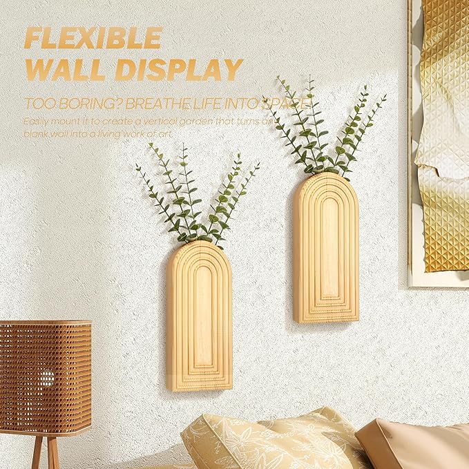 EOSAHR Rustic Pine Wood Wall Vases Set of 2 – Farmhouse Wall Decor for Indoor Plants – Best Boho Chic Decor Hanging Planters for Living Room, Bedroom & Midcentury Modern Home Decor (Original Wood)