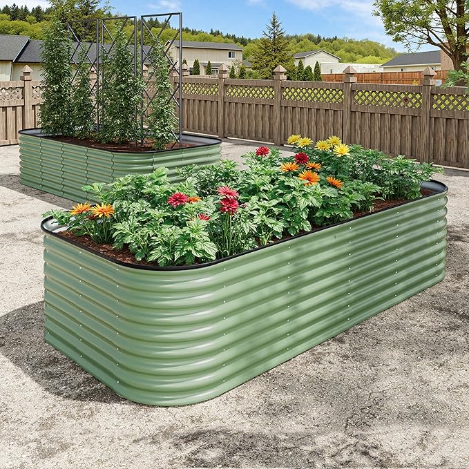 BlueWish 8x4x2FT Raised Garden Bed with 3 Aluminum Support Rods, Many-in-1 Modular Planter Box with Bottomless Design, 24’’H Galvanized Raised Garden Bed for Vegetable, Flower, Fruit, Olive Green