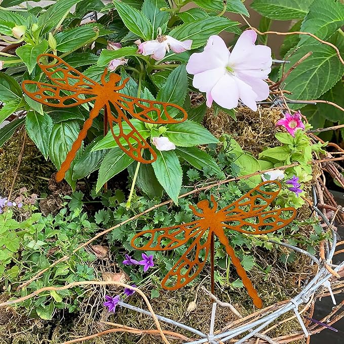 3 Pcs Rusty Dragonfly Stake Vintage Metal Garden Decor Sculpture - Plant Pot Accents for Lawn, Patio, Backyard Outdoor | Dragonfly Gift for Women