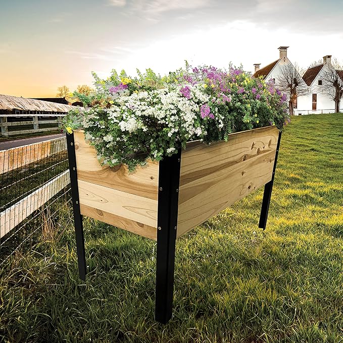 Wooden Raised Planter Box with Steel Legs-Elevated Outdoor Patio Garden Bed Kit to Grow Vegetables -Natural Rot Resistant Wood - 35.5'' W x 15.5'' L x 21.7'' (Tall) - Backyard Expressions (911214-NW)