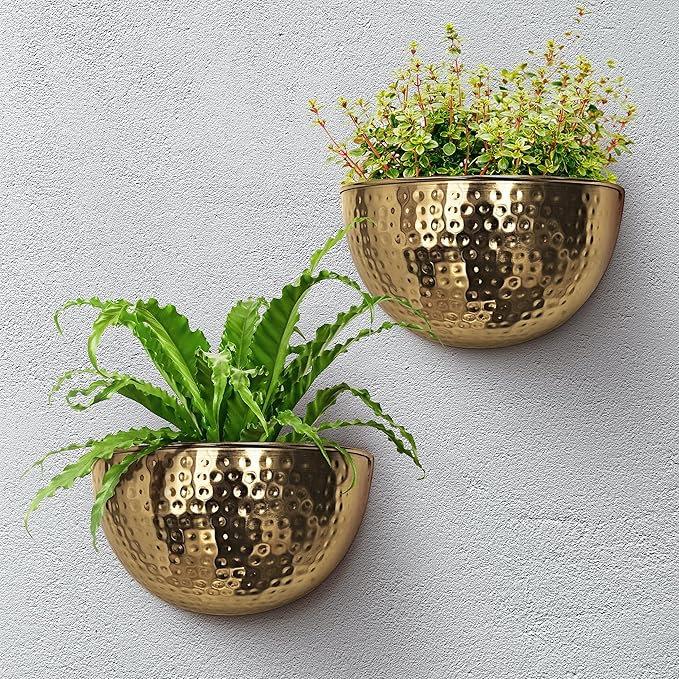 Allegorie Metal Wall Planter | Indoor or Outdoor Hanging Plant Pot | Farmhouse Decor & Boho Kitchen Decoration for Herbs & Succulents and Living Wall 12x7 (Gold)