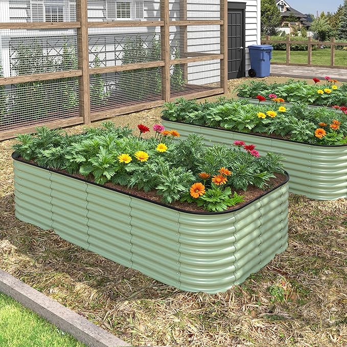 MUPATER 8x4 FT Raised Garden Bed, 24''H Galvanized Metal Planter Box, Modular Kit with 3 Aluminum Support Rods, Large Outdoor Container for Vegetables Flowers, Olive Green