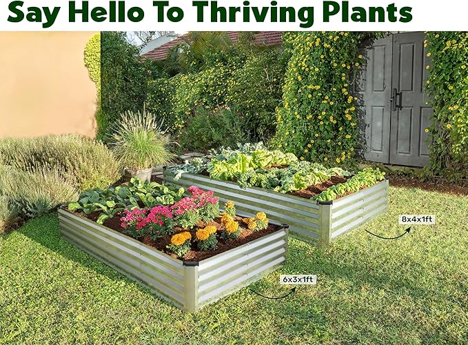 Plant & Plot Galvanized Raised Garden Beds Outdoor // 6×3×1 ft Planter Raised Beds for Gardening, Vegetables, Flowers // Large Metal Garden Box (Silver) // Patented Tool-Free Design
