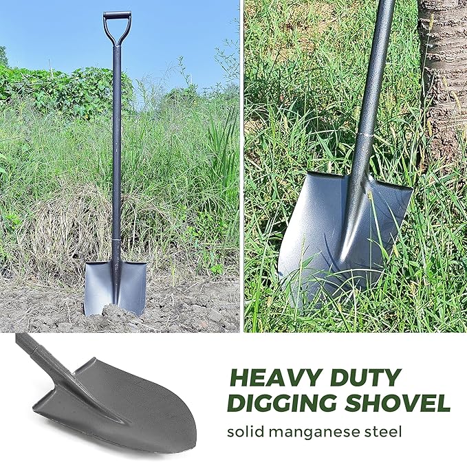 Heavy Duty All Steel Shovel - 48 Inch Digging Shovel for Garden, Camping, Trenching, and More with D-Grip Handle, Black Full Steel Construction