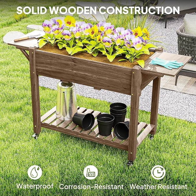 Outsunny Raised Garden Bed, 57 x 20.5 x 34 in Wood Elevated Planter Box with Lockable Wheels, Side Tables and Bottom Shelf, Outdoor Raised Planter with Bed Liner and Drainage Holes, Carbonized