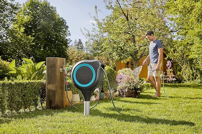 GARDENA 18614 | 66' x 1/2" Automatic Retractable Garden Hose Reel on Metal Spike, Outside Garden Hose with 360° swivel. No Holes in your house, Easy Installation, No Tools Required