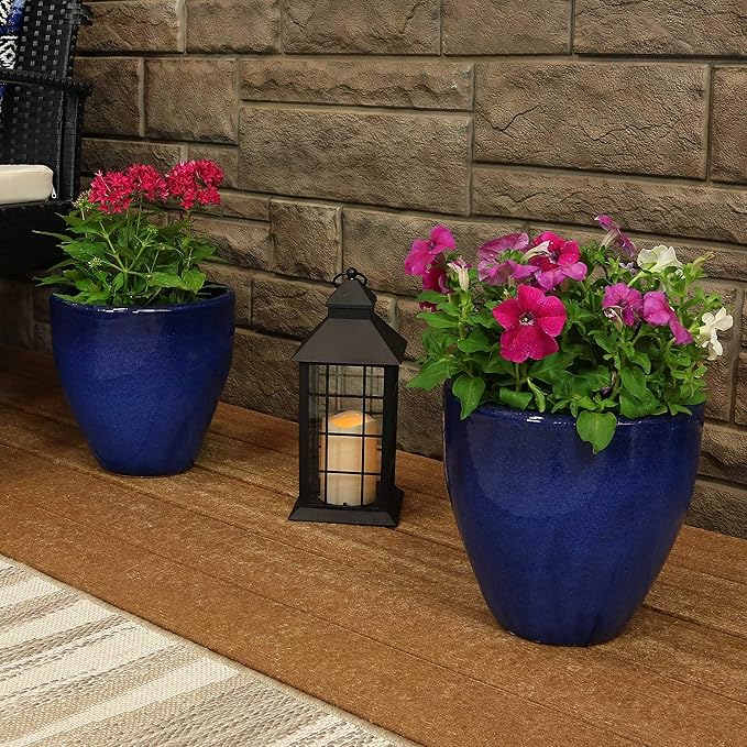 Sunnydaze Round Resort Ceramic Planter - Set of 2 Indoor or Outdoor Plant Pots with Drainage Hole - 10" - Imperial Blue Glaze
