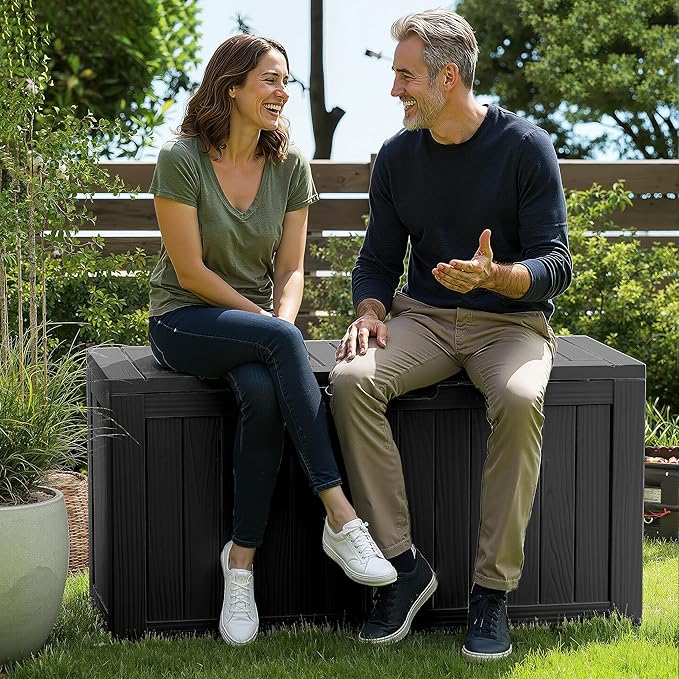 EasyUp 90 Gallon Outdoor Storage Box, Outdoor Deck Boxes for Garden Tools Equipment,Cushions and Patio Storage,Lockable and Resin,Easy to Install(Black)