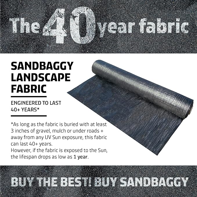 Sandbaggy Extra Wide Landscape Fabric | 40 Year UV Protected Weed Mat, Ground Cover, Garden Tarp | Industrial Grade | 135 Lbs Tensile | DOT Approved (1 Roll - 10 ft x 200 ft)