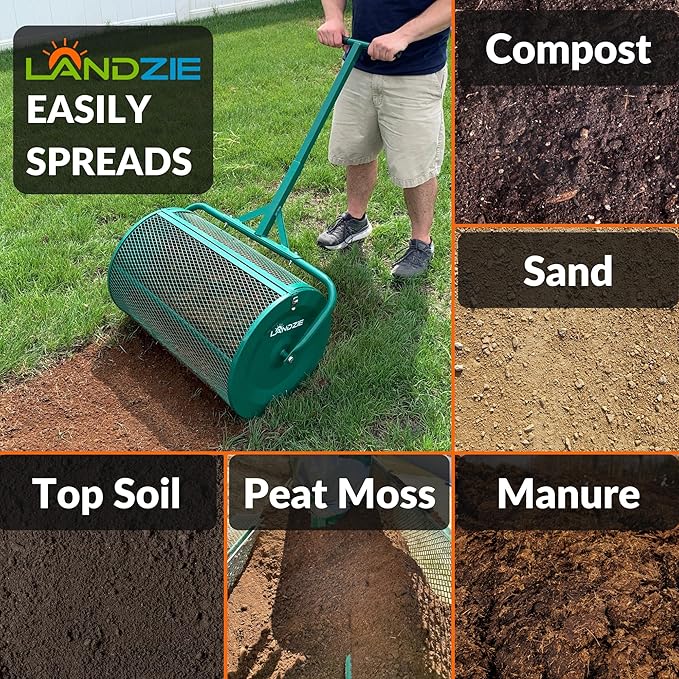 Landzie Lawn & Garden Care Kit - 24 Inch Mesh Push Spreader and 20 Inch Steel Soil Sampler Probe - Test Grass Plugs and Spread Topdressing - Multi-Purpose Compost, Peat Moss, Topsoil (24 Inches)
