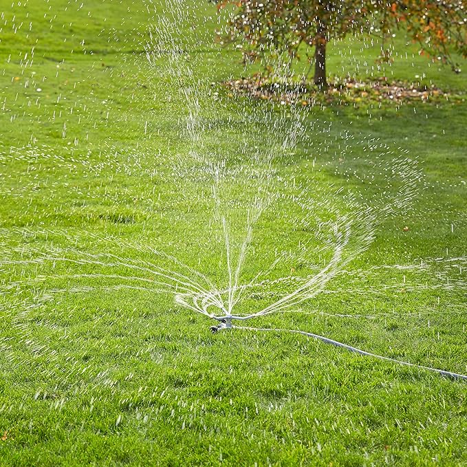 Gilmour Heavy Duty 692 Sq Ft Spinning Sprinkler with Wheeled Base, Metal Whirling Sprinkler Head for 360 Degree Coverage in Flower Beds and Vegetable Gardens