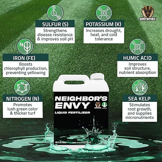 PetraMax Neighbor’s Envy Grass Fertilizer for Lawn & Garden, 4 Gallon Covers up to 64,000 sq.ft. 7-in-1 Liquid Lawn Fertilizer Concentrate for Deep Green Turf - Includes Nitrogen/Iron/Humic/Sea Kelp