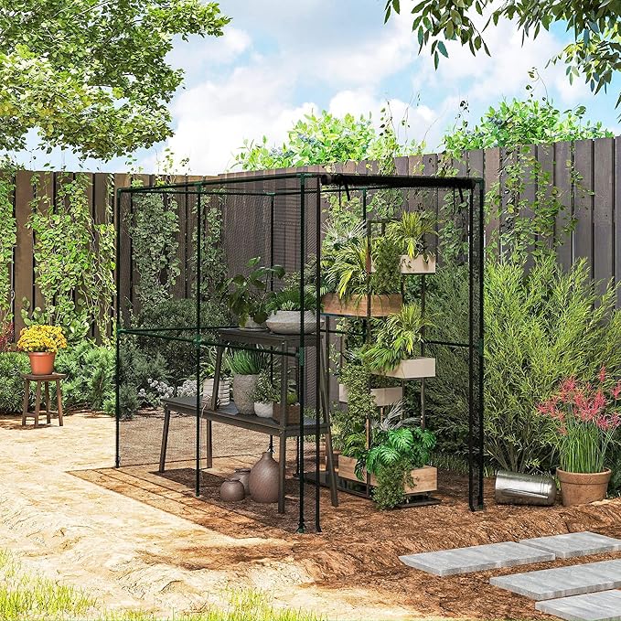 Outsunny Crop Cage, 6.6' x 3.3' x 5.2' Large Plant Protection Tent with Roll-Up Zippered Door, Outdoor Garden Cage for Vegetables, Flowers, Fruits, Raised Beds, Black